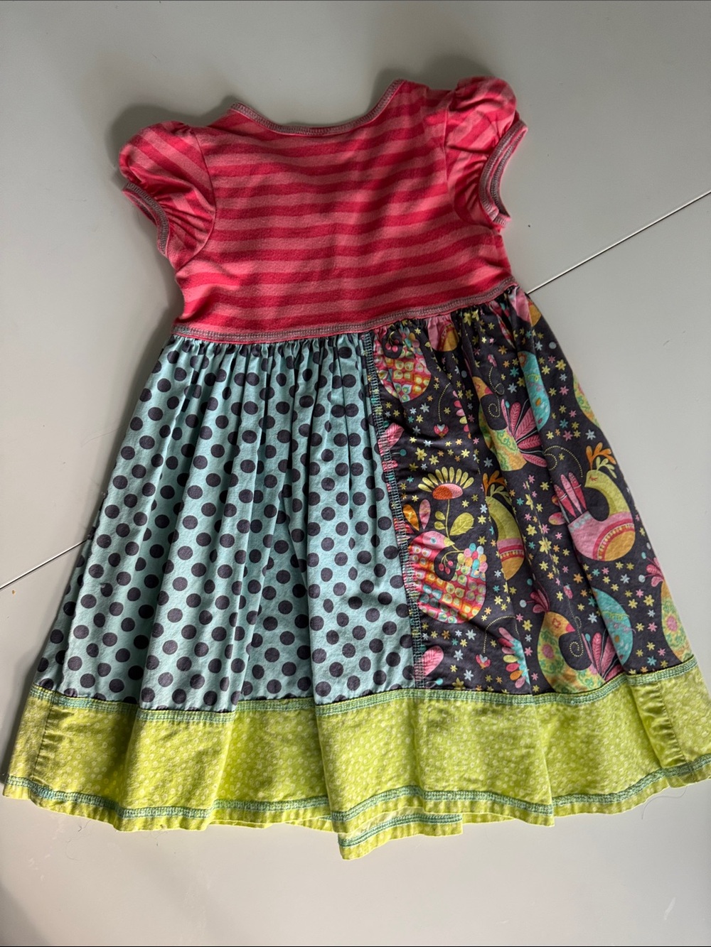 Bonnie Jean Size 4 Pink & Aqua Patchwork Bird Print Dress with Floral Applique - Picture 4 of 4